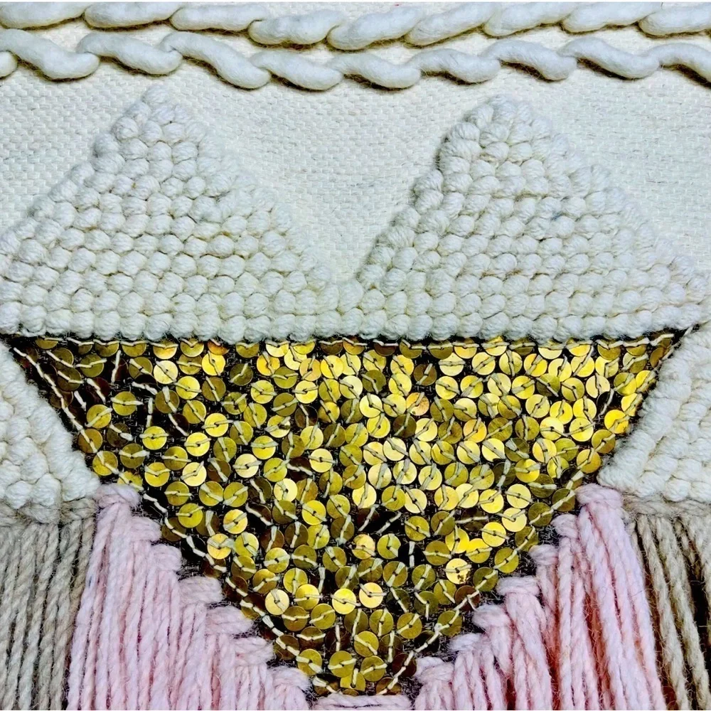 Pier 1 Macrame Woven Tapestry Wall Hanging with Gold Sequin Accents Boho Chunky